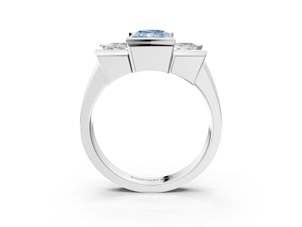 White Gold Radiant Cut Channel Set Three Stone Engagement Ring Setting for Fancy Blue Center
