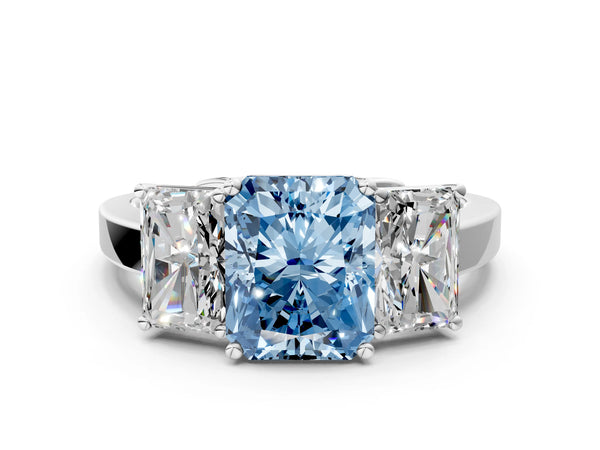 Platinum Three-Stone Fancy Blue Radiant Cut Cut Diamond Engagement Ring with Flat Band and Four-Prong Setting