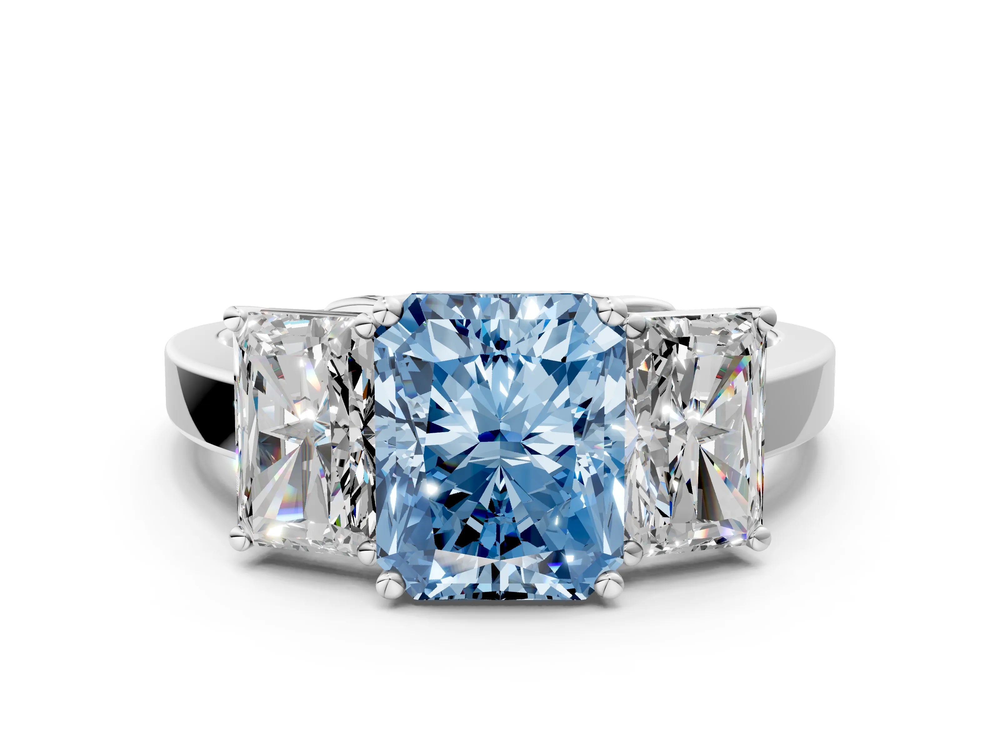 White gold Three-Stone Fancy Blue Radiant Cut Cut Diamond Engagement Ring with Flat Band and Four-Prong Setting_12