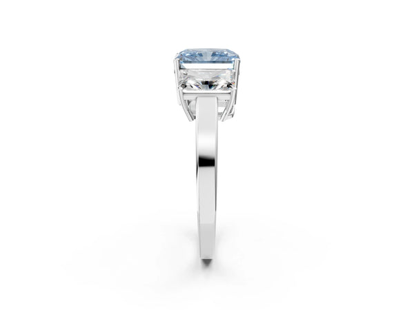Platinum Three-Stone Fancy Blue Radiant Cut Cut Diamond Engagement Ring with Flat Band and Four-Prong Setting