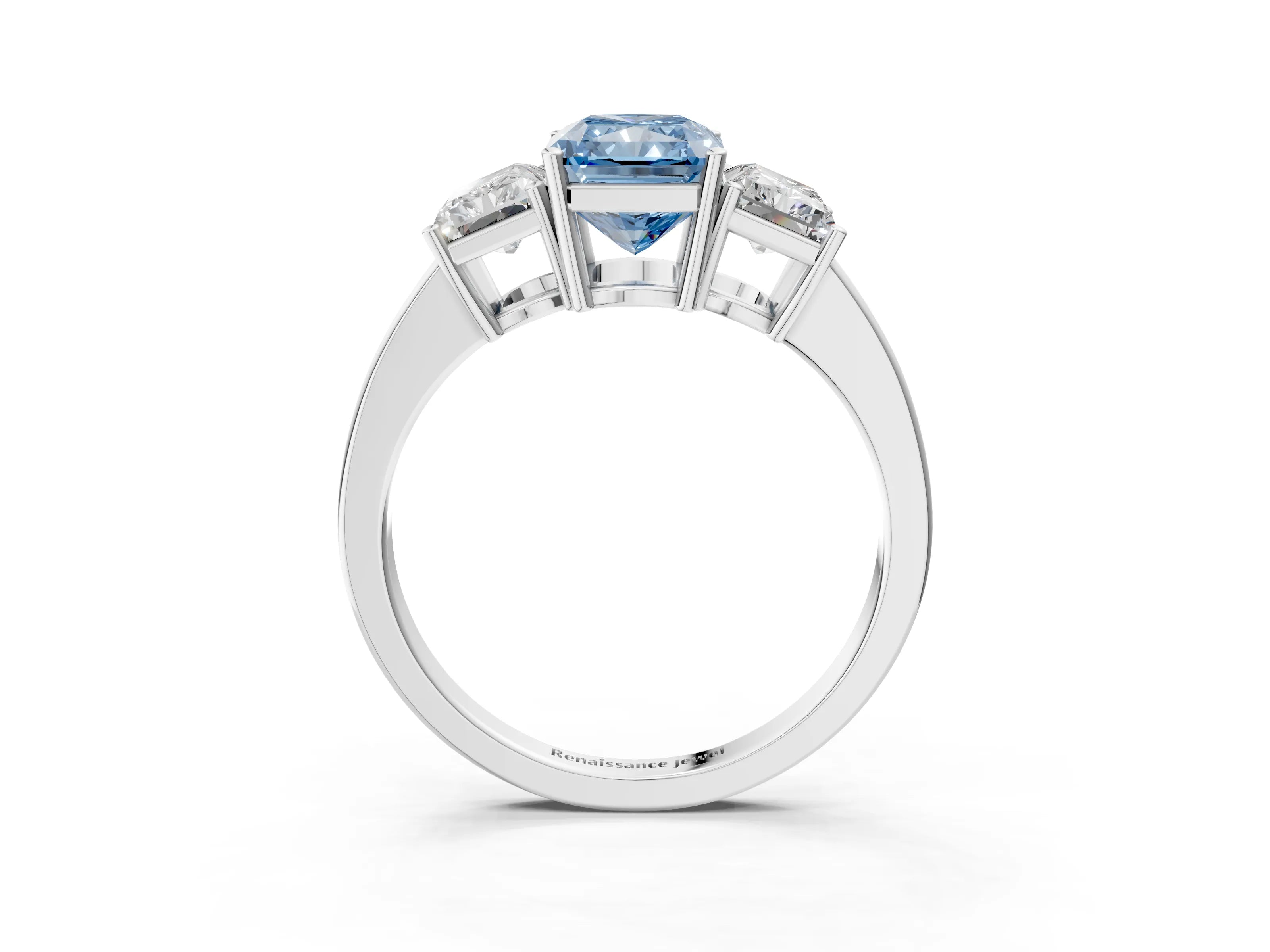White gold Three-Stone Fancy Blue Radiant Cut Cut Diamond Engagement Ring with Flat Band and Four-Prong Setting_3