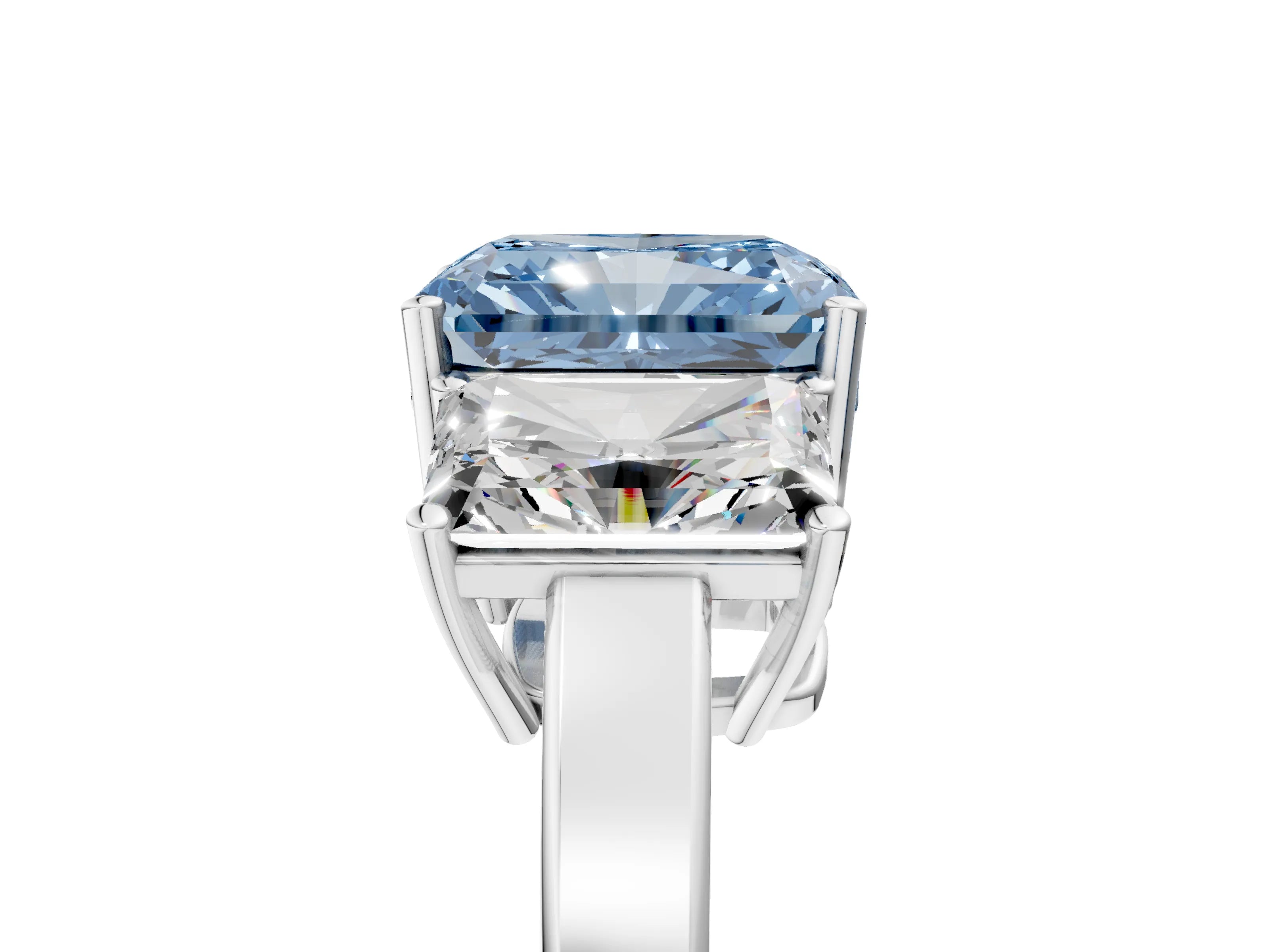 White gold Three-Stone Fancy Blue Radiant Cut Cut Diamond Engagement Ring with Flat Band and Four-Prong Setting_5