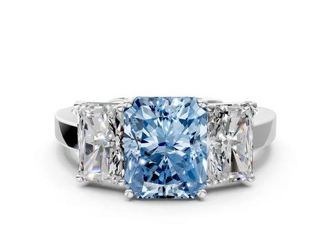 White gold Three-Stone Fancy Blue Radiant Cut Cut Diamond Engagement Ring with Flat Band and Four-Prong Setting