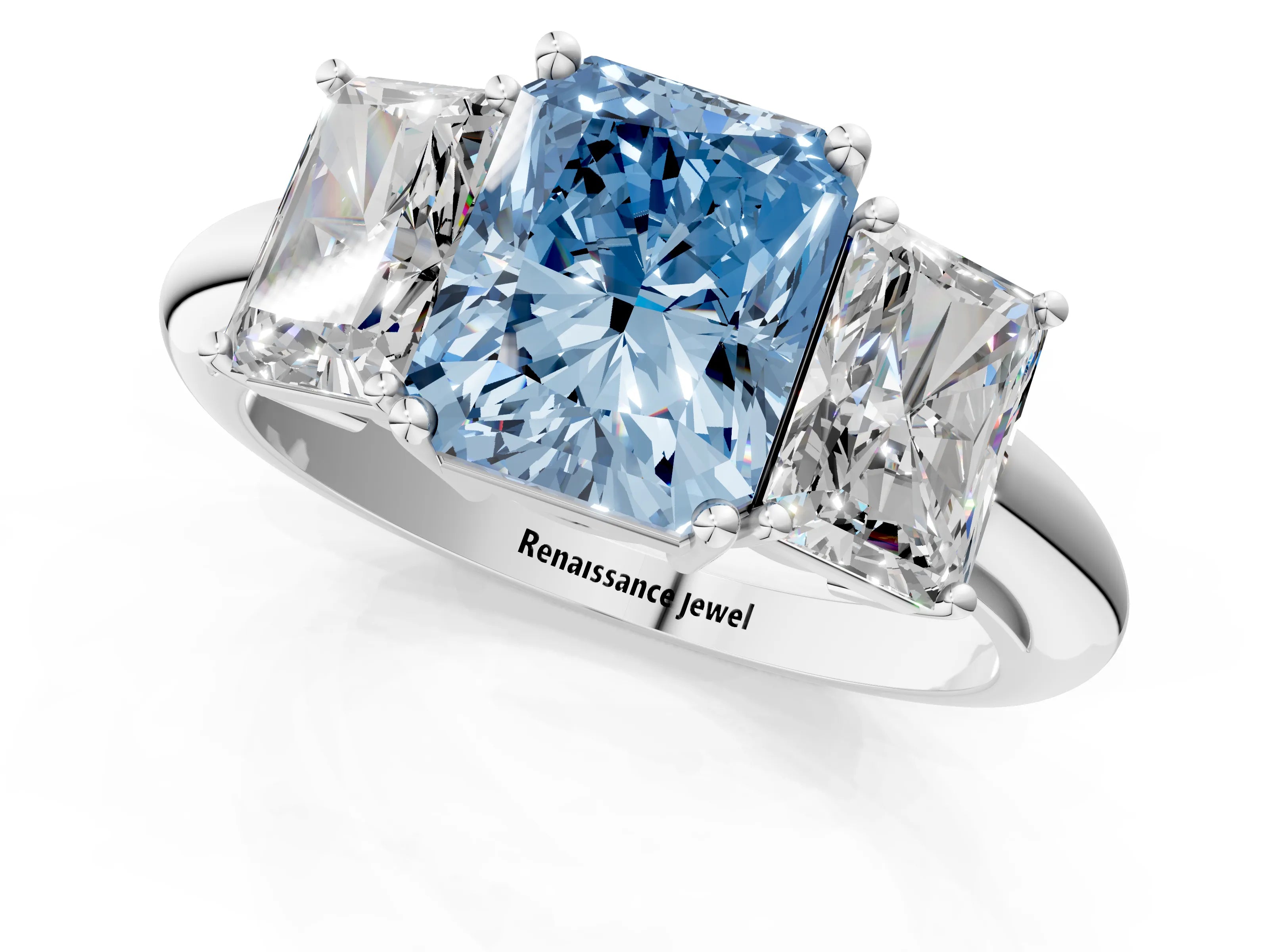 White gold Three-Stone Fancy Blue Radiant Cut Cut Diamond Engagement Ring with Prong Setting on a White Gold Band_13