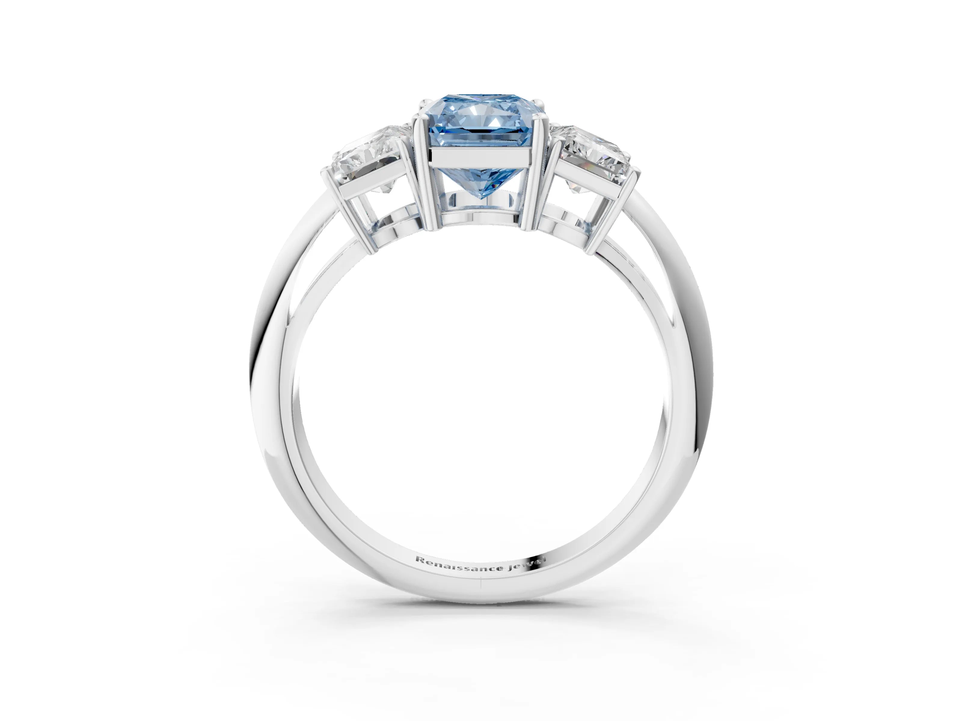 White gold Three-Stone Fancy Blue Radiant Cut Cut Diamond Engagement Ring with Prong Setting on a White Gold Band_15