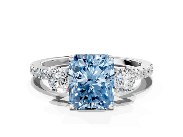 White gold Three-Stone Fancy Blue Radiant Cut Cut Diamond Pavé Band with Prong Setting