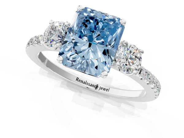 White gold Three-Stone Fancy Blue Radiant Cut Cut Diamond Pavé Band with Prong Setting