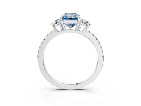 White gold Three-Stone Fancy Blue Radiant Cut Cut Diamond Pavé Band with Prong Setting
