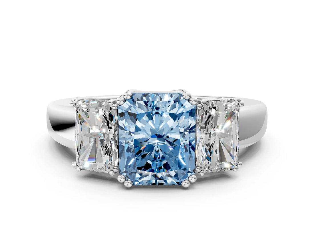 White gold Three-Stone Fancy Blue Radiant Cut Cut Diamond Ring with Channel Set Band and Four-Prong Setting_96