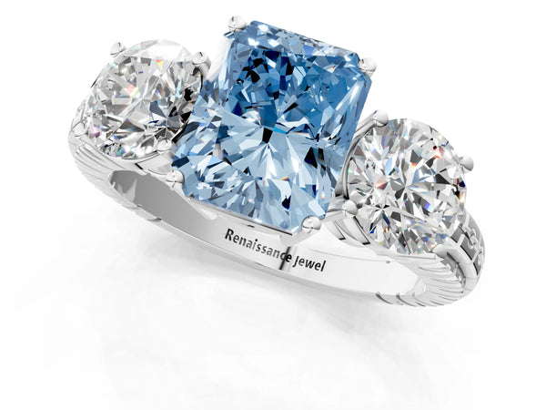 Platinum Three-Stone Fancy Blue Radiant Cut Cut Diamond Ring with Channel-Set Band and Prong Setting