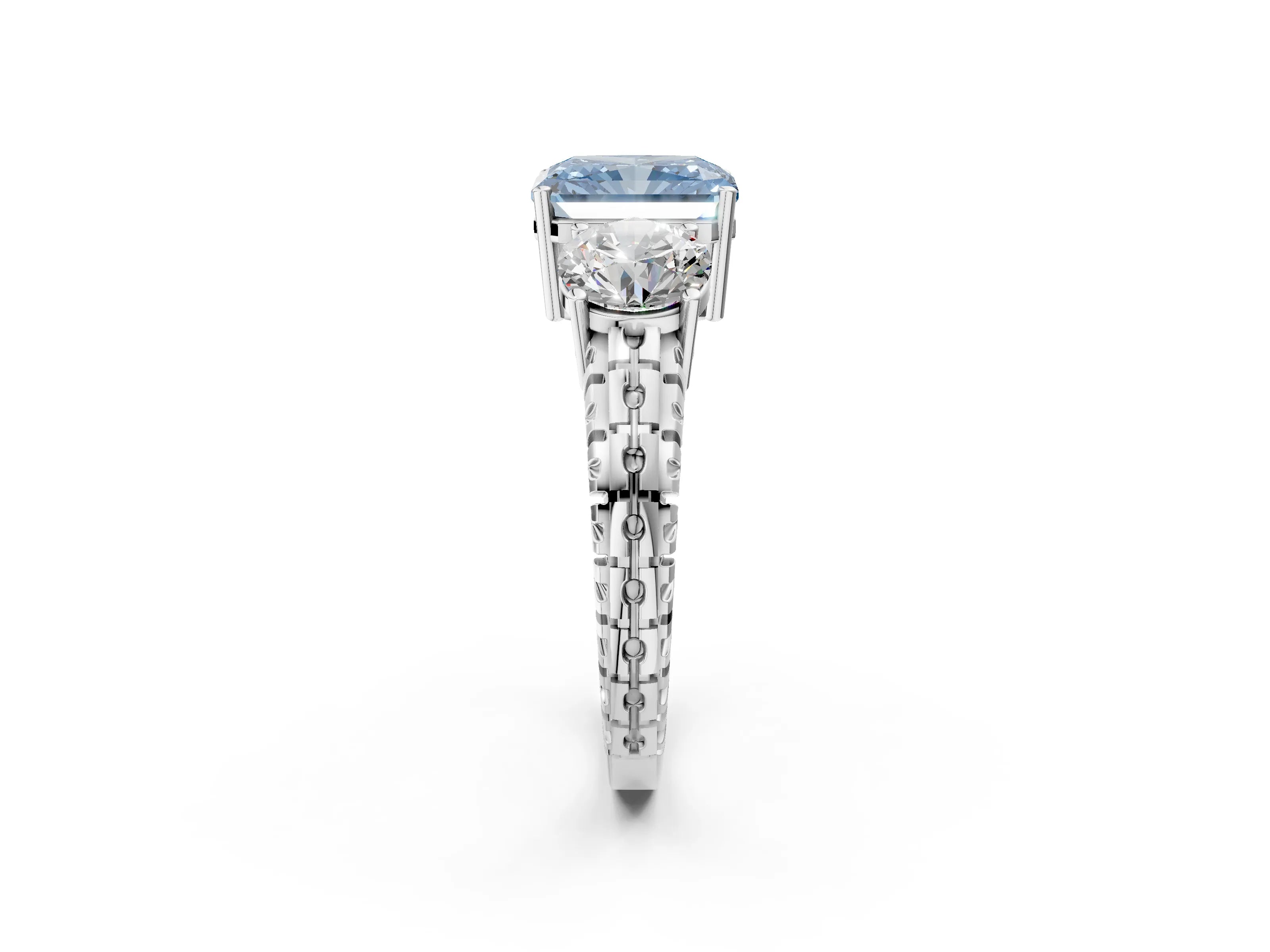 White gold Three-Stone Fancy Blue Radiant Cut Cut Diamond Ring with Channel-Set Band and Prong Setting_2