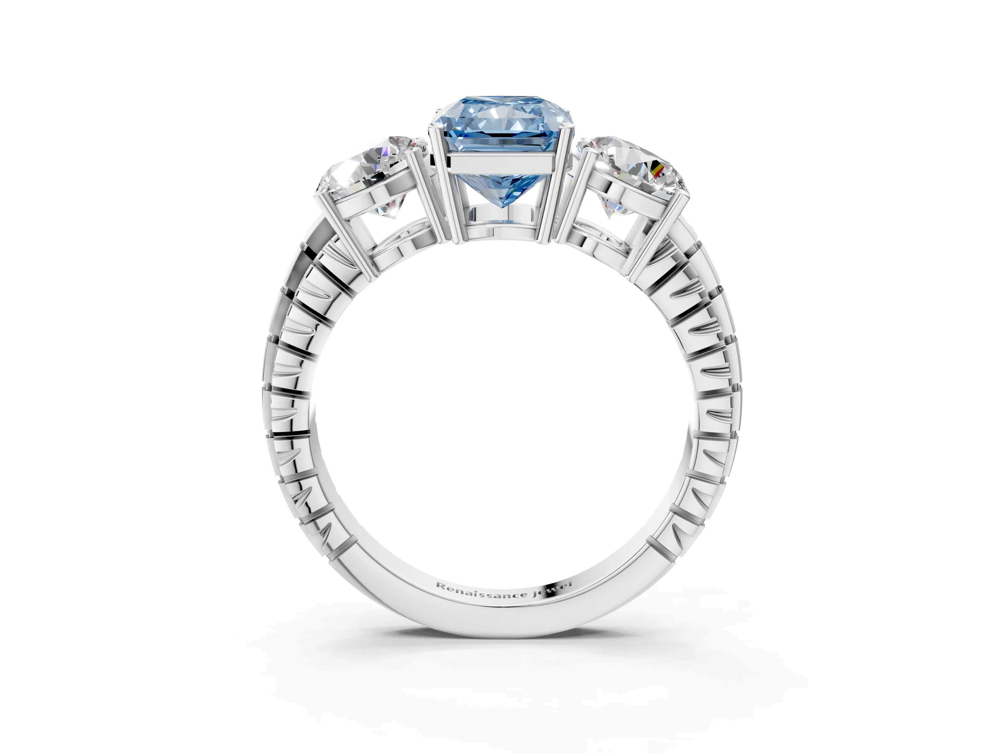 White gold Three-Stone Fancy Blue Radiant Cut Cut Diamond Ring with Channel-Set Band and Prong Setting_3
