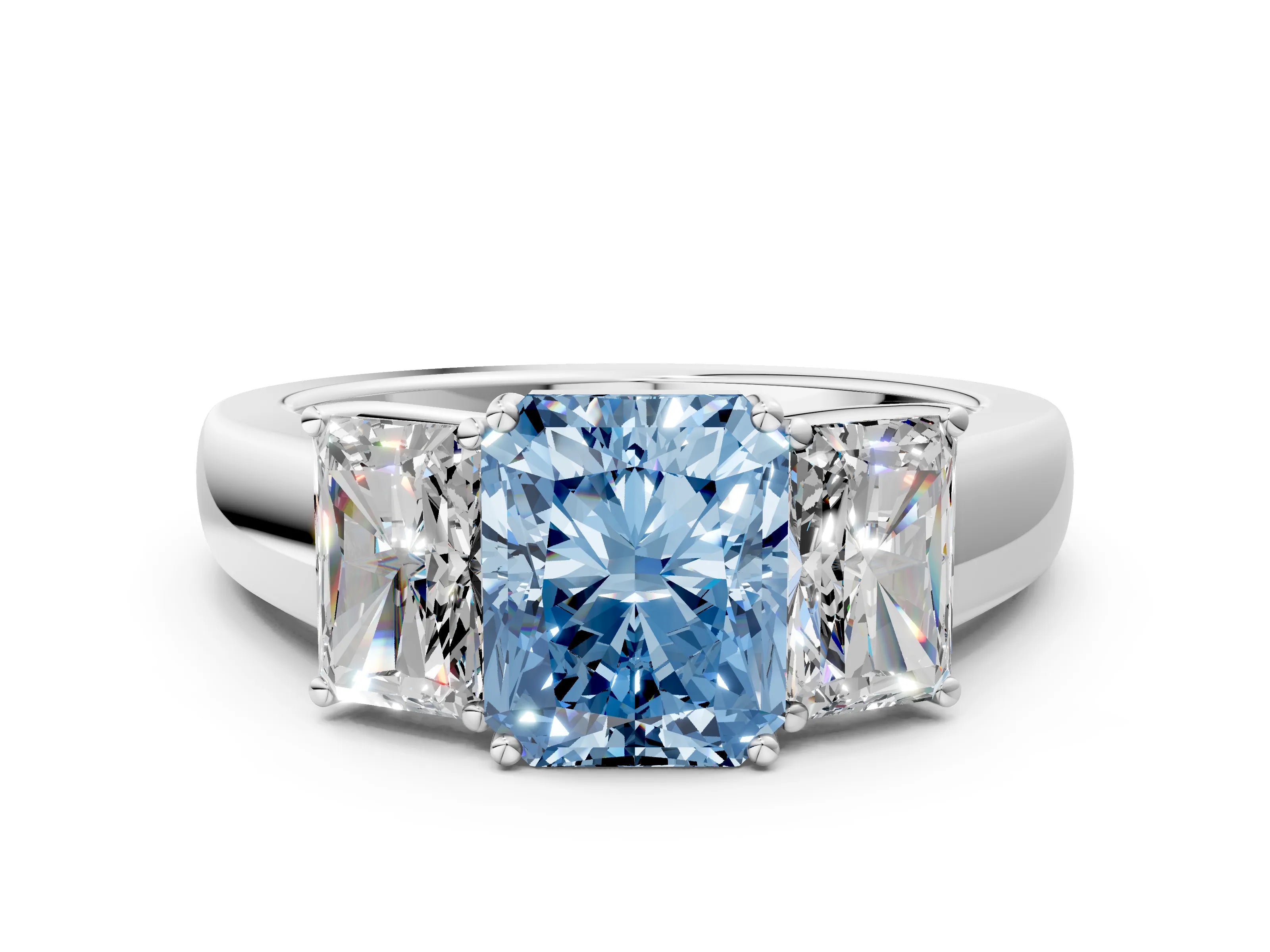 White gold Three-Stone Fancy Blue Radiant Cut Cut Diamond Ring with Prong Setting and Classic Band