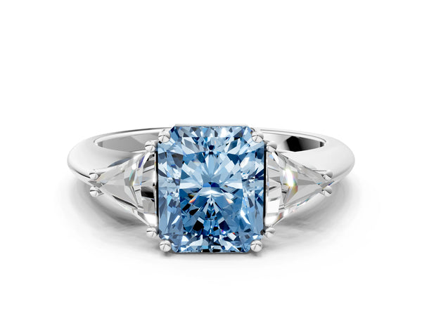 Platinum Three-Stone Fancy Blue Radiant Cut Cut Diamond Ring with Trillion Side Stones and Four-Prong Setting