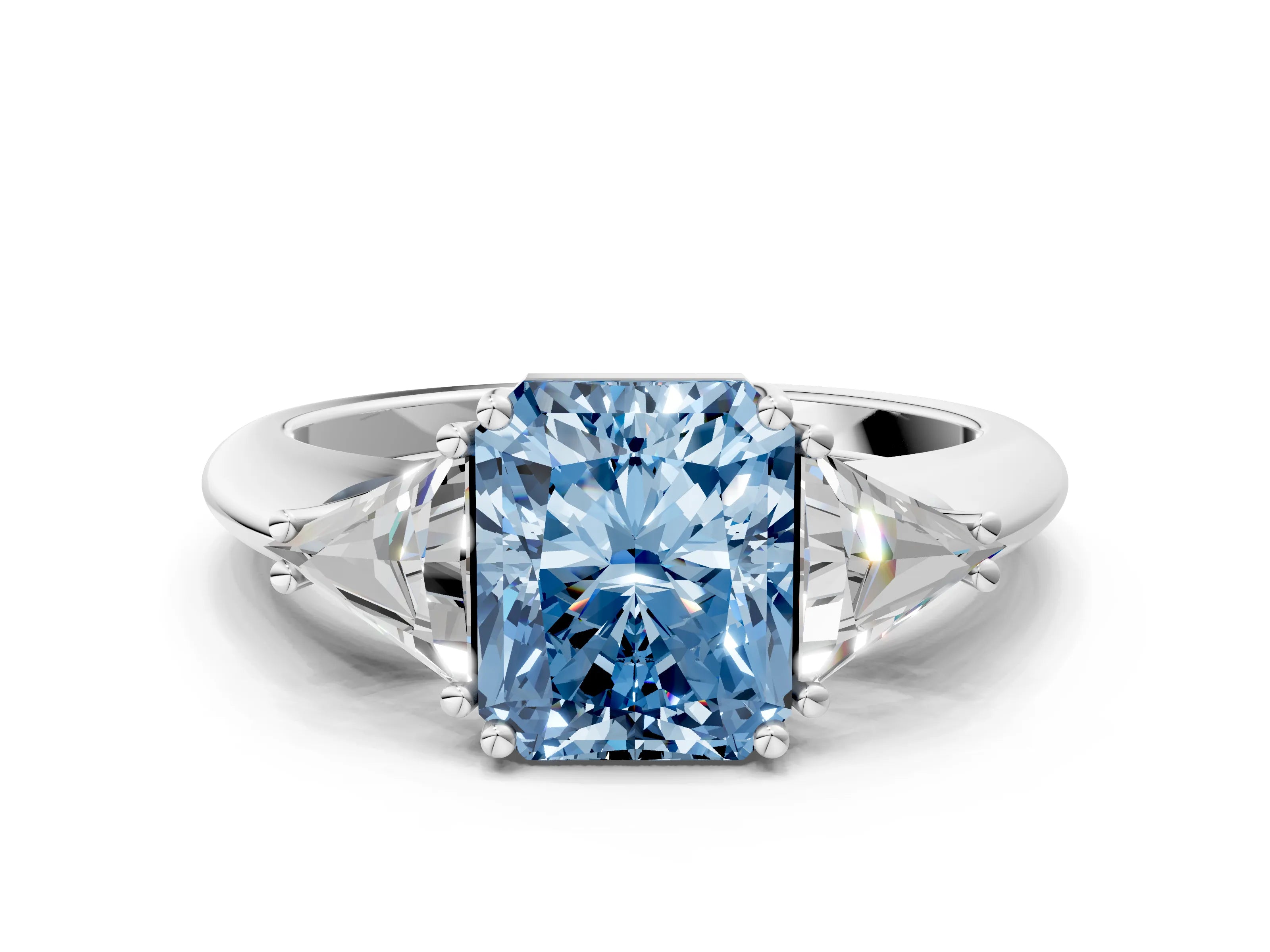 White gold Three-Stone Fancy Blue Radiant Cut Cut Diamond Ring with Trillion Side Stones and Four-Prong Setting_11
