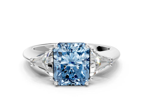 White gold Three-Stone Fancy Blue Radiant Cut Cut Diamond Ring with Trillion Side Stones and Four-Prong Setting_11