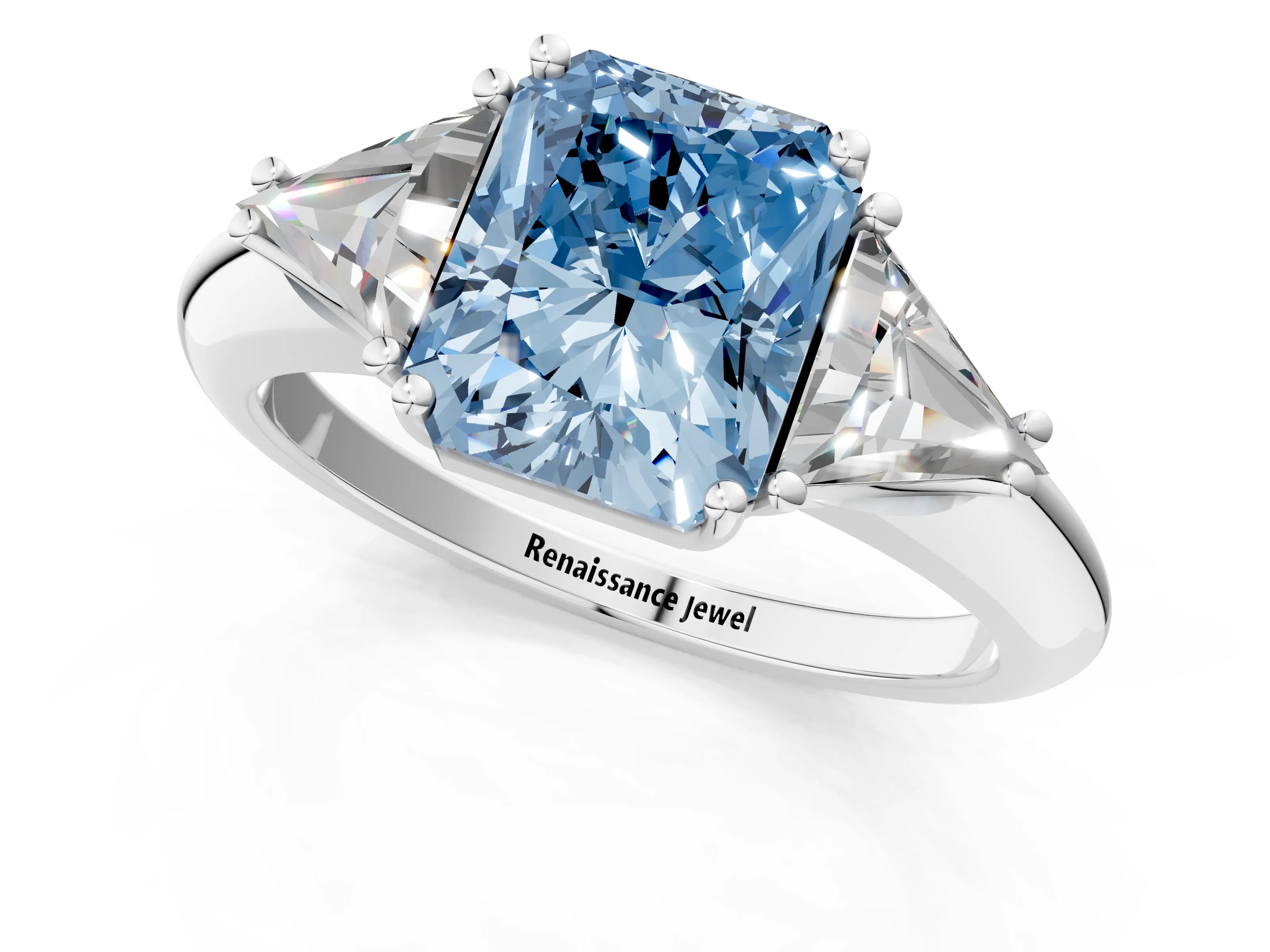 White gold Three-Stone Fancy Blue Radiant Cut Cut Diamond Ring with Trillion Side Stones and Four-Prong Setting_12