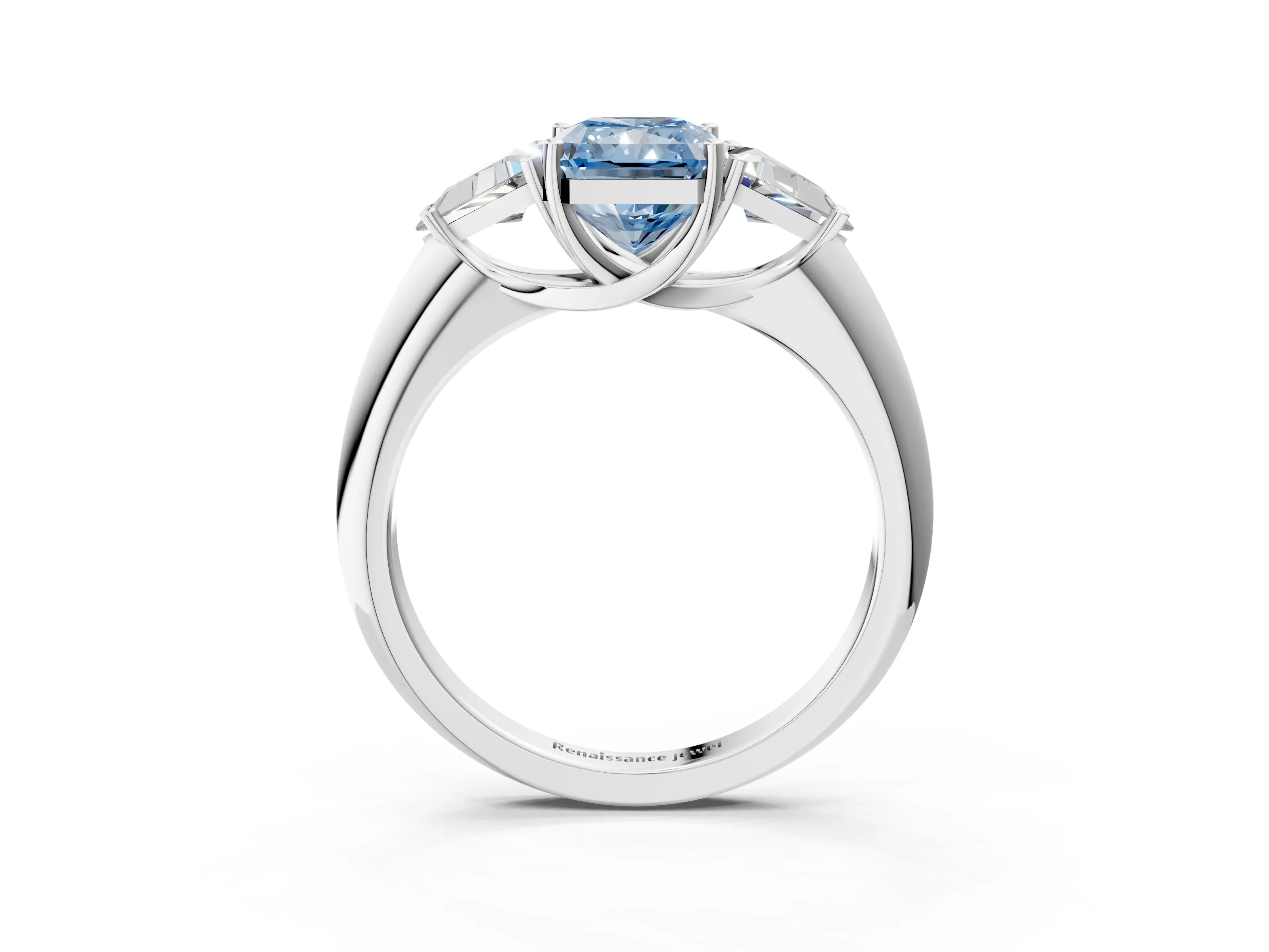 White gold Three-Stone Fancy Blue Radiant Cut Cut Diamond Ring with Trillion Side Stones and Four-Prong Setting_14