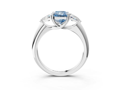 White gold Three-Stone Fancy Blue Radiant Cut Cut Diamond Ring with Trillion Side Stones and Four-Prong Setting_14