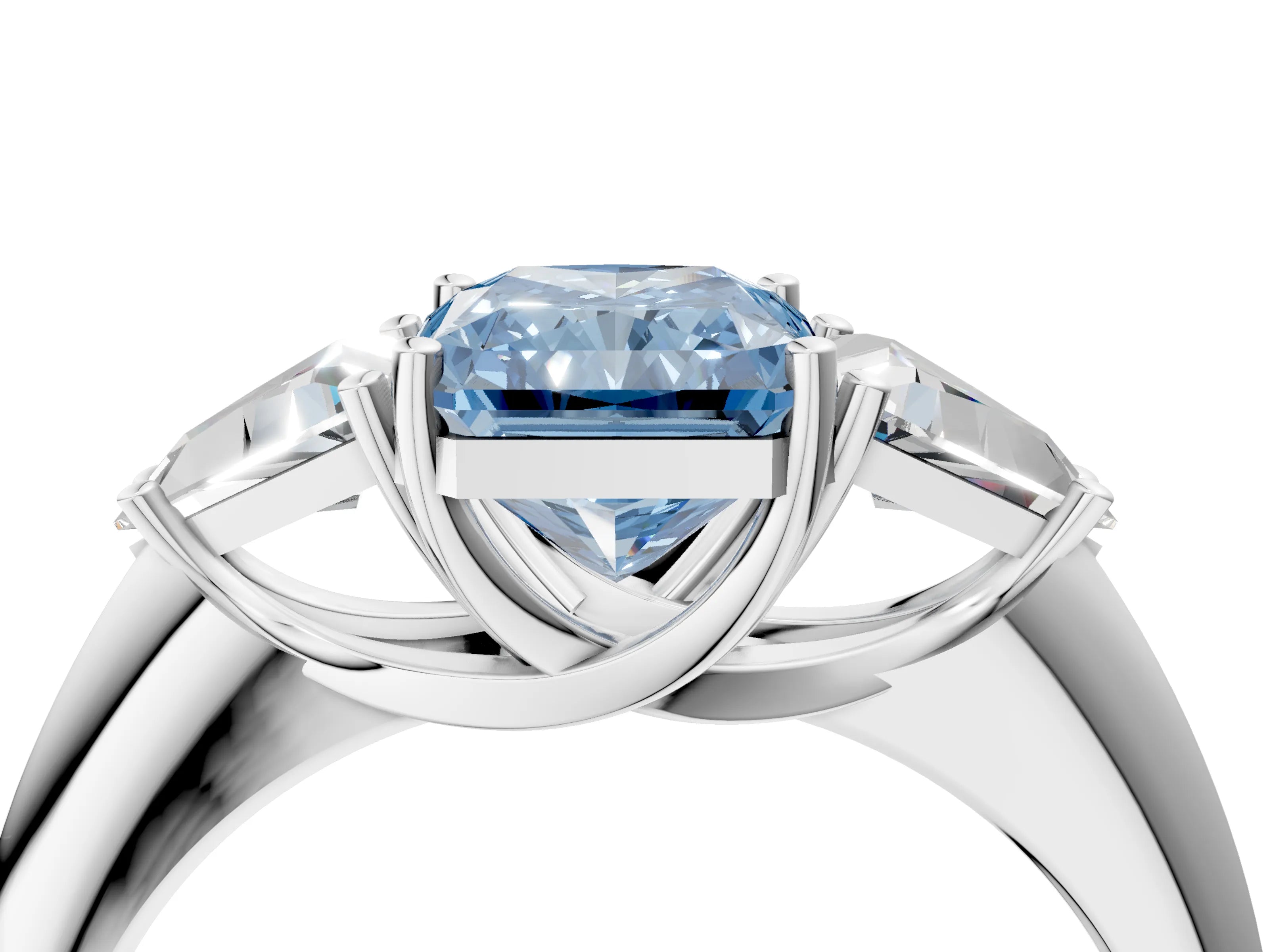 White gold Three-Stone Fancy Blue Radiant Cut Cut Diamond Ring with Trillion Side Stones and Four-Prong Setting_15