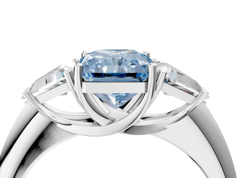 White gold Three-Stone Fancy Blue Radiant Cut Cut Diamond Ring with Trillion Side Stones and Four-Prong Setting_15