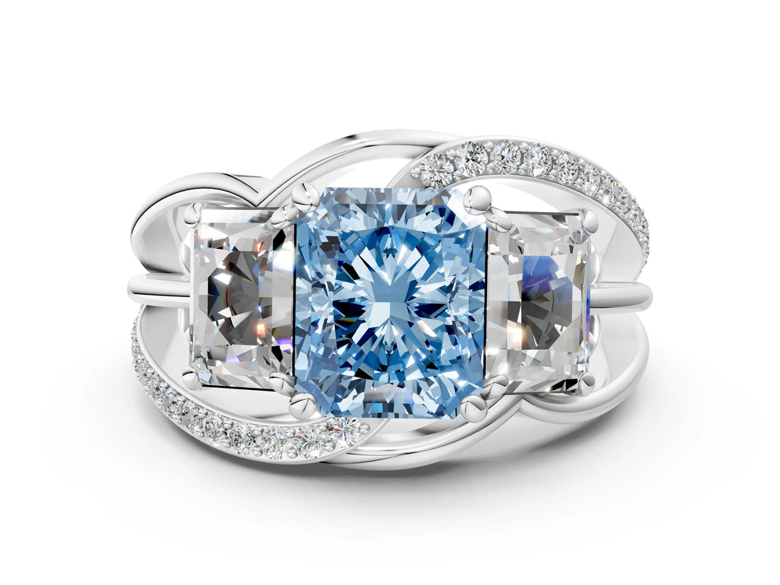 White gold Three-Stone Fancy Blue Radiant Cut Cut Diamond Split Shank Prong Set Ring_12