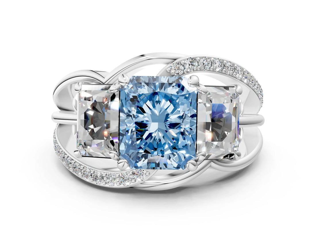 White gold Three-Stone Fancy Blue Radiant Cut Cut Diamond Split Shank Prong Set Ring_24