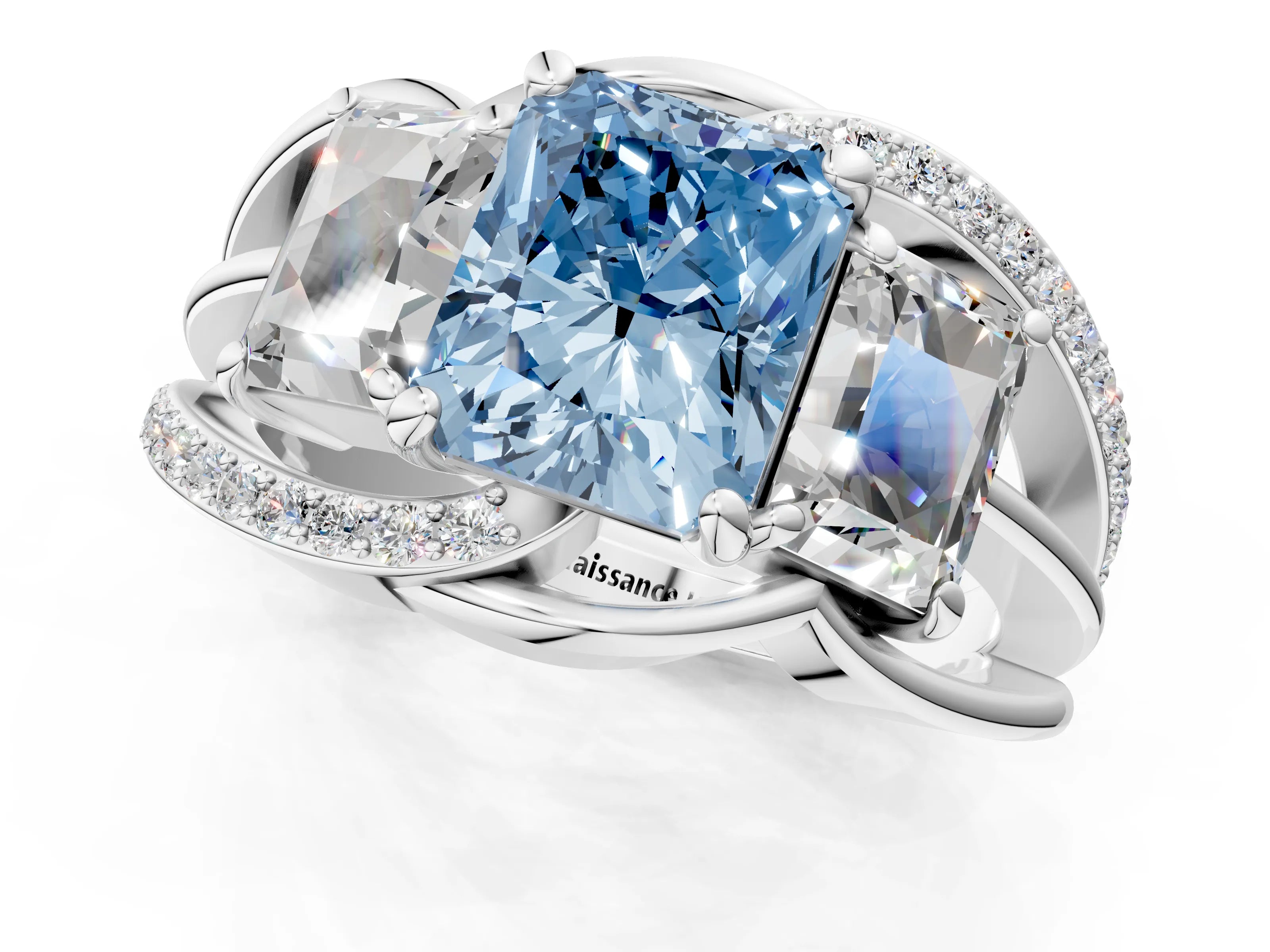 White gold Three-Stone Fancy Blue Radiant Cut Cut Diamond Split Shank Prong Set Ring_25