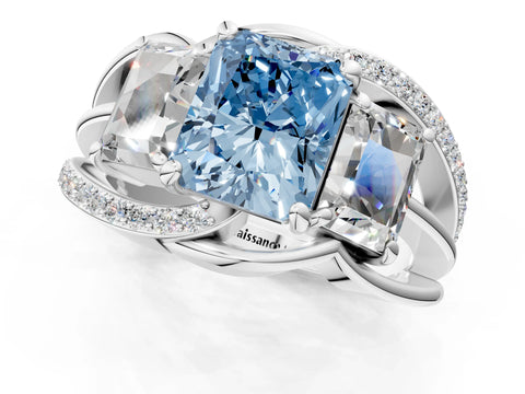 White gold Three-Stone Fancy Blue Radiant Cut Cut Diamond Split Shank Prong Set Ring_25
