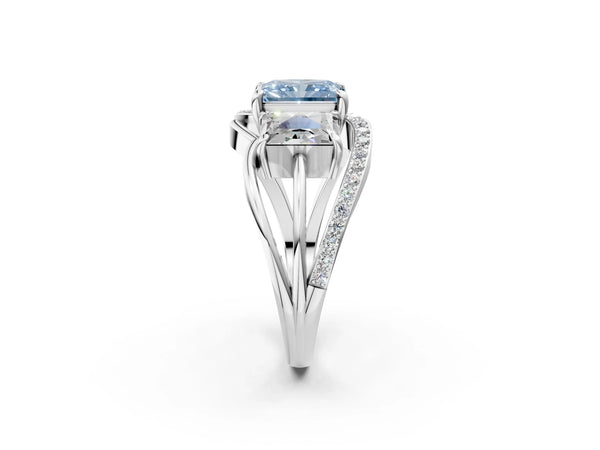 Platinum Radiant Cut Three Stone Split Shank Engagement Ring Setting for Fancy Blue Center