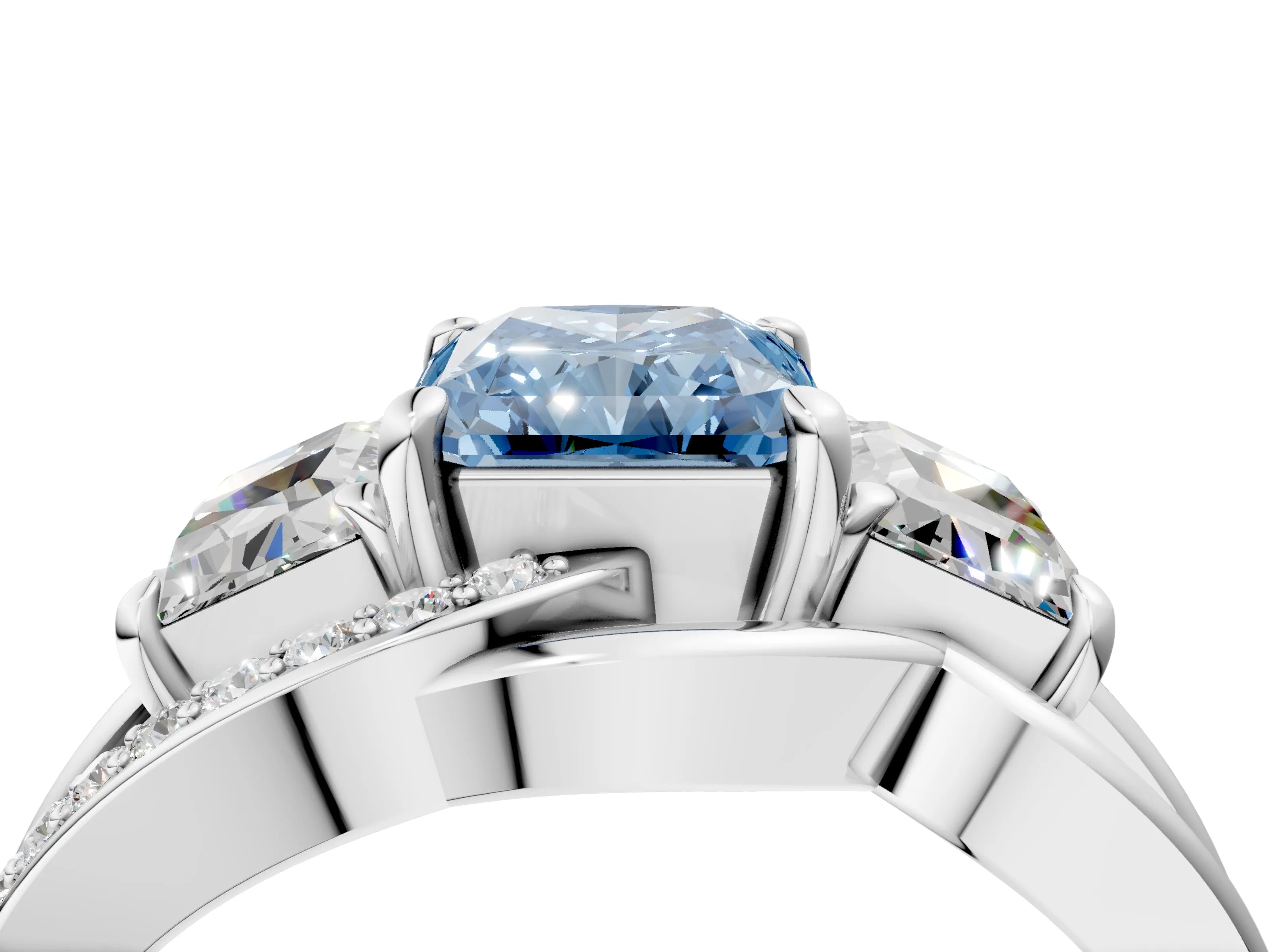 White gold Three-Stone Fancy Blue Radiant Cut Cut Diamond Split Shank Prong Set Ring_28