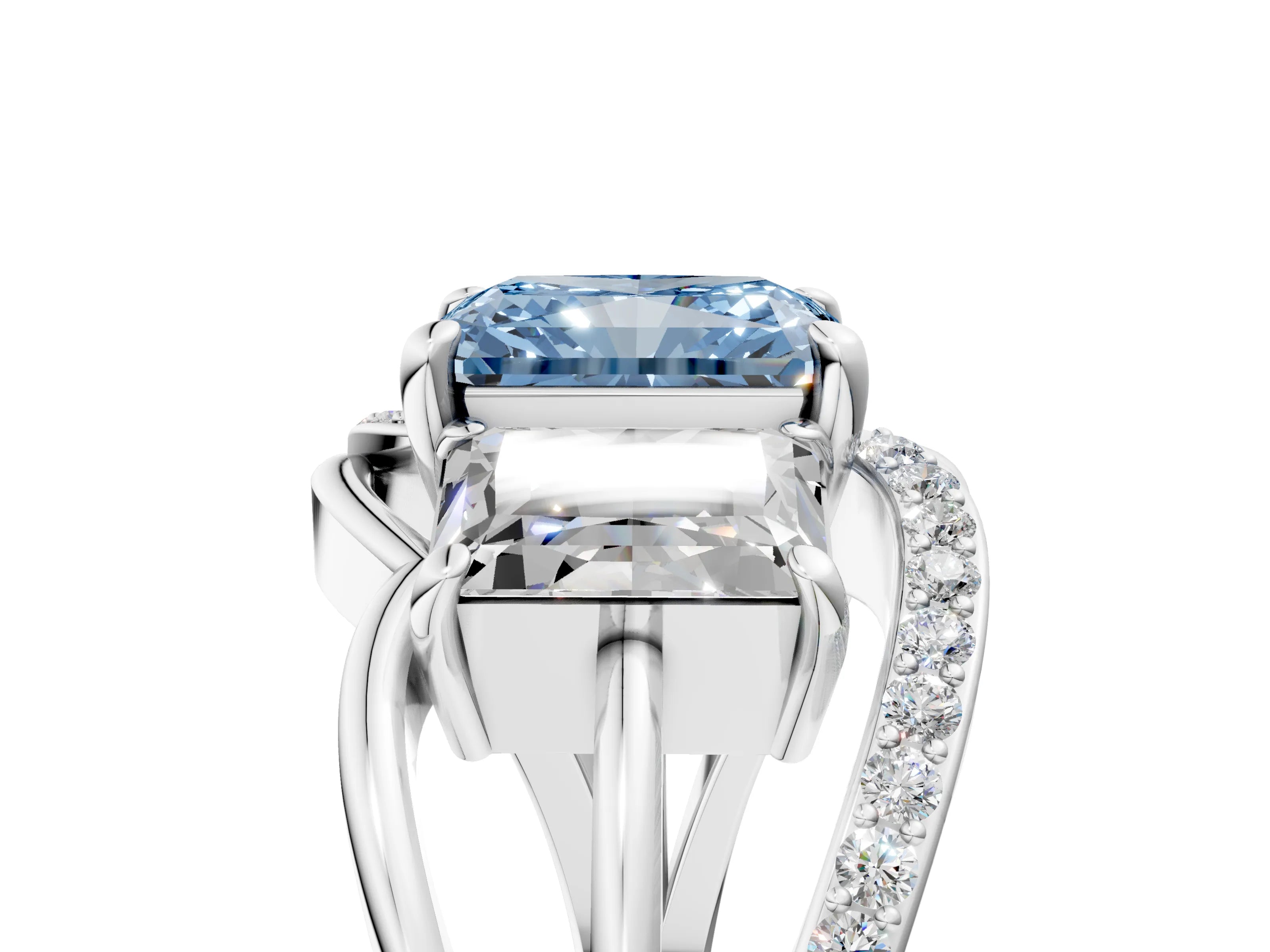White gold Three-Stone Fancy Blue Radiant Cut Cut Diamond Split Shank Prong Set Ring_29
