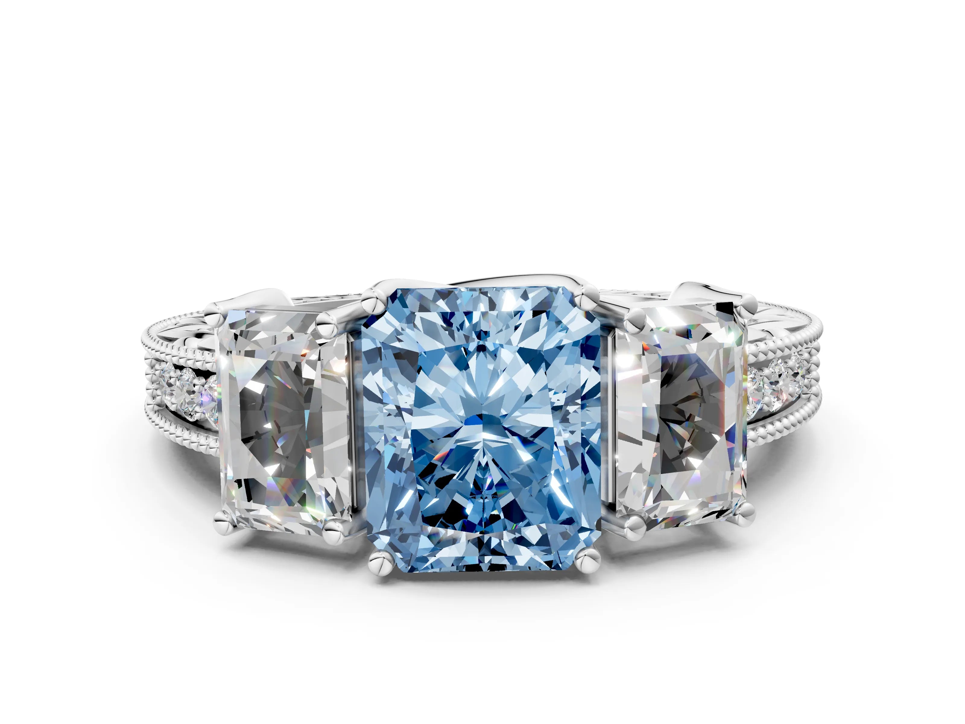 White gold Three-Stone Fancy Blue Radiant Cut Cut Milgrain Pavé Engagement Ring_12