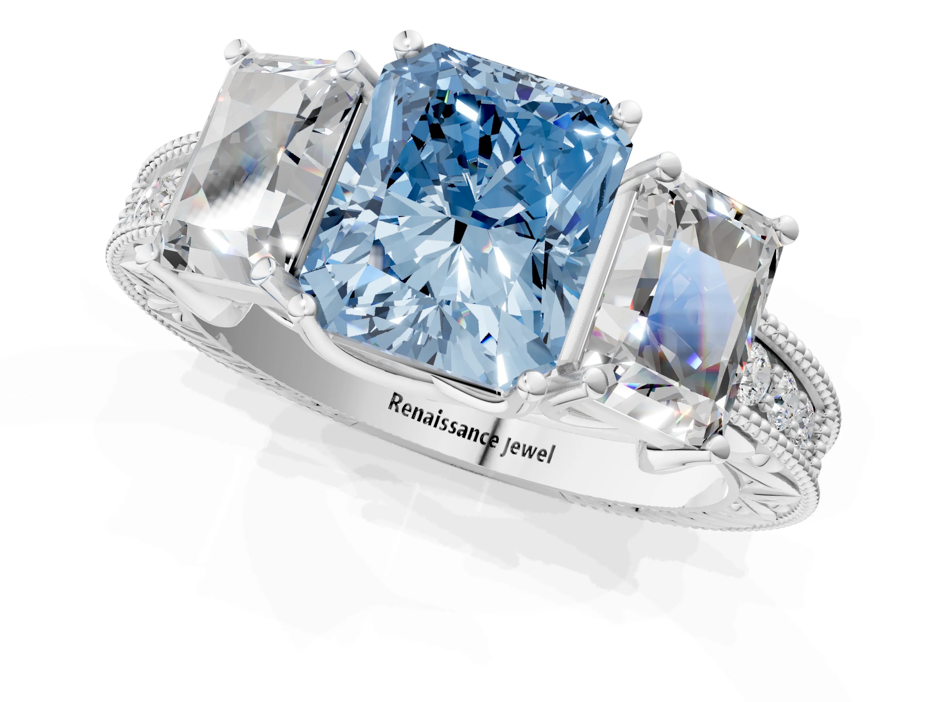 White gold Three-Stone Fancy Blue Radiant Cut Cut Milgrain Pavé Engagement Ring_13