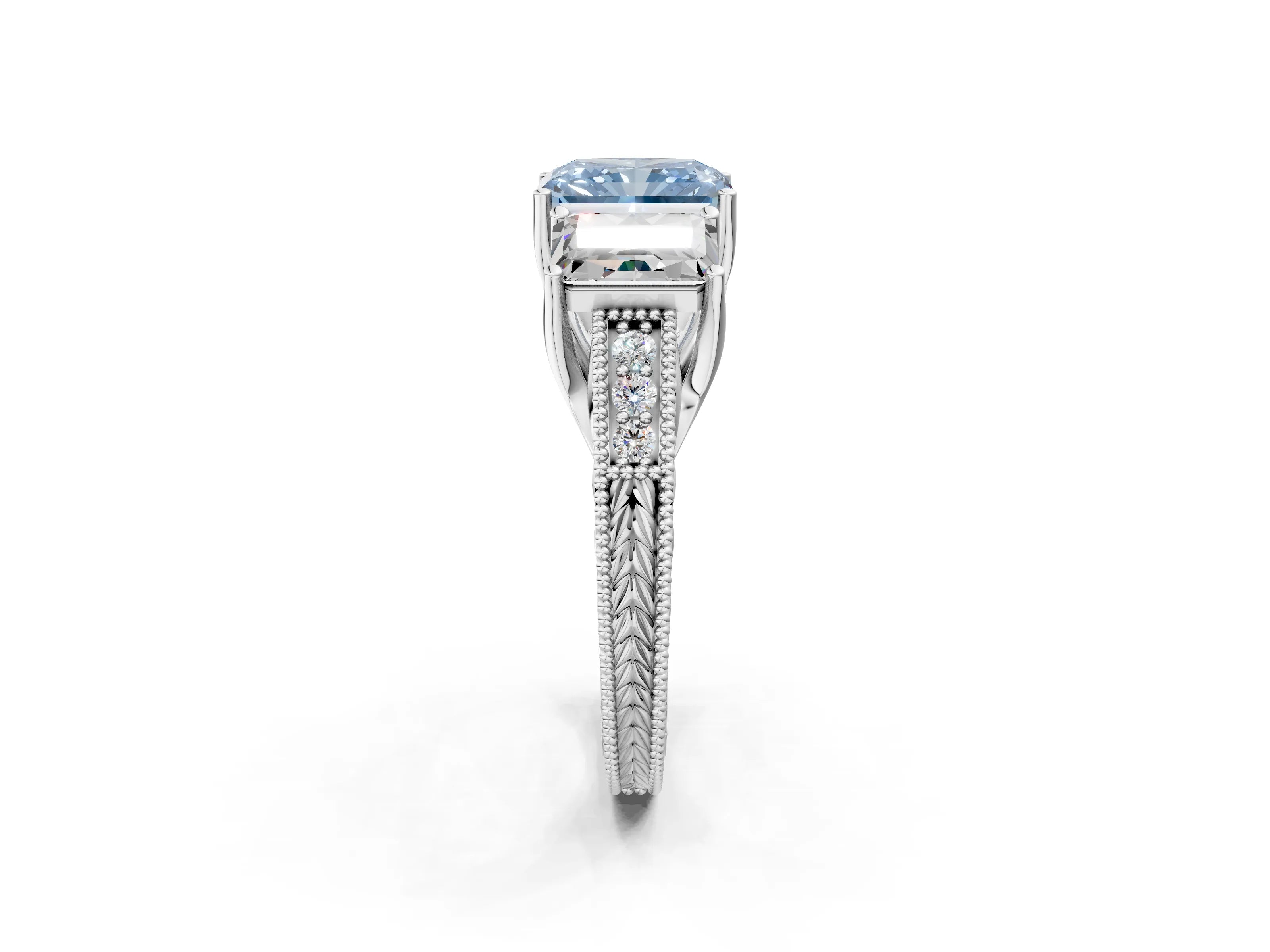 White gold Three-Stone Fancy Blue Radiant Cut Cut Milgrain Pavé Engagement Ring_14