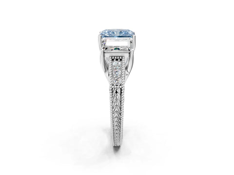 White gold Three-Stone Fancy Blue Radiant Cut Cut Milgrain Pavé Engagement Ring_14