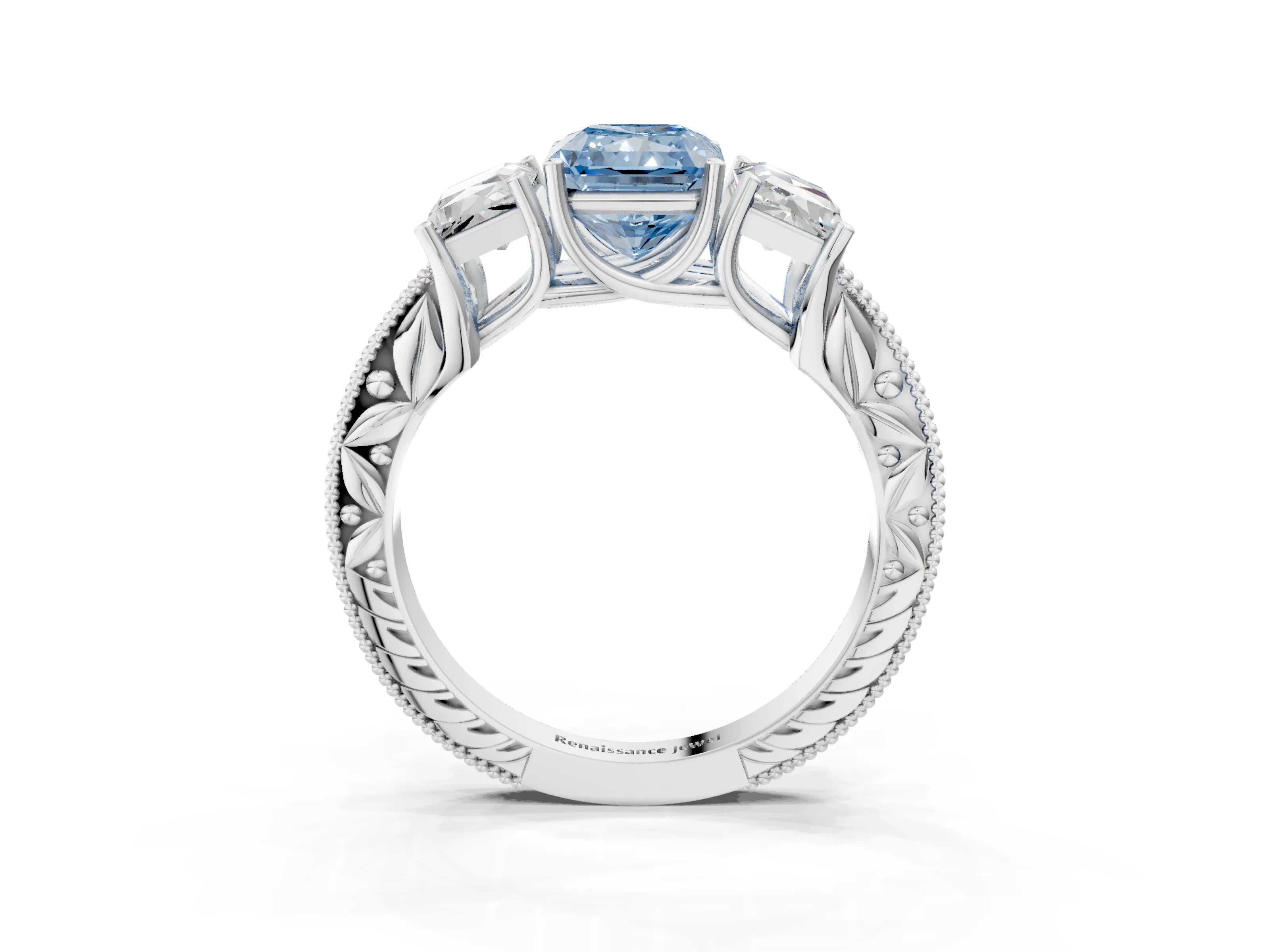 White gold Three-Stone Fancy Blue Radiant Cut Cut Milgrain Pavé Engagement Ring_15