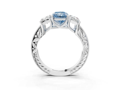 White gold Three-Stone Fancy Blue Radiant Cut Cut Milgrain Pavé Engagement Ring_15