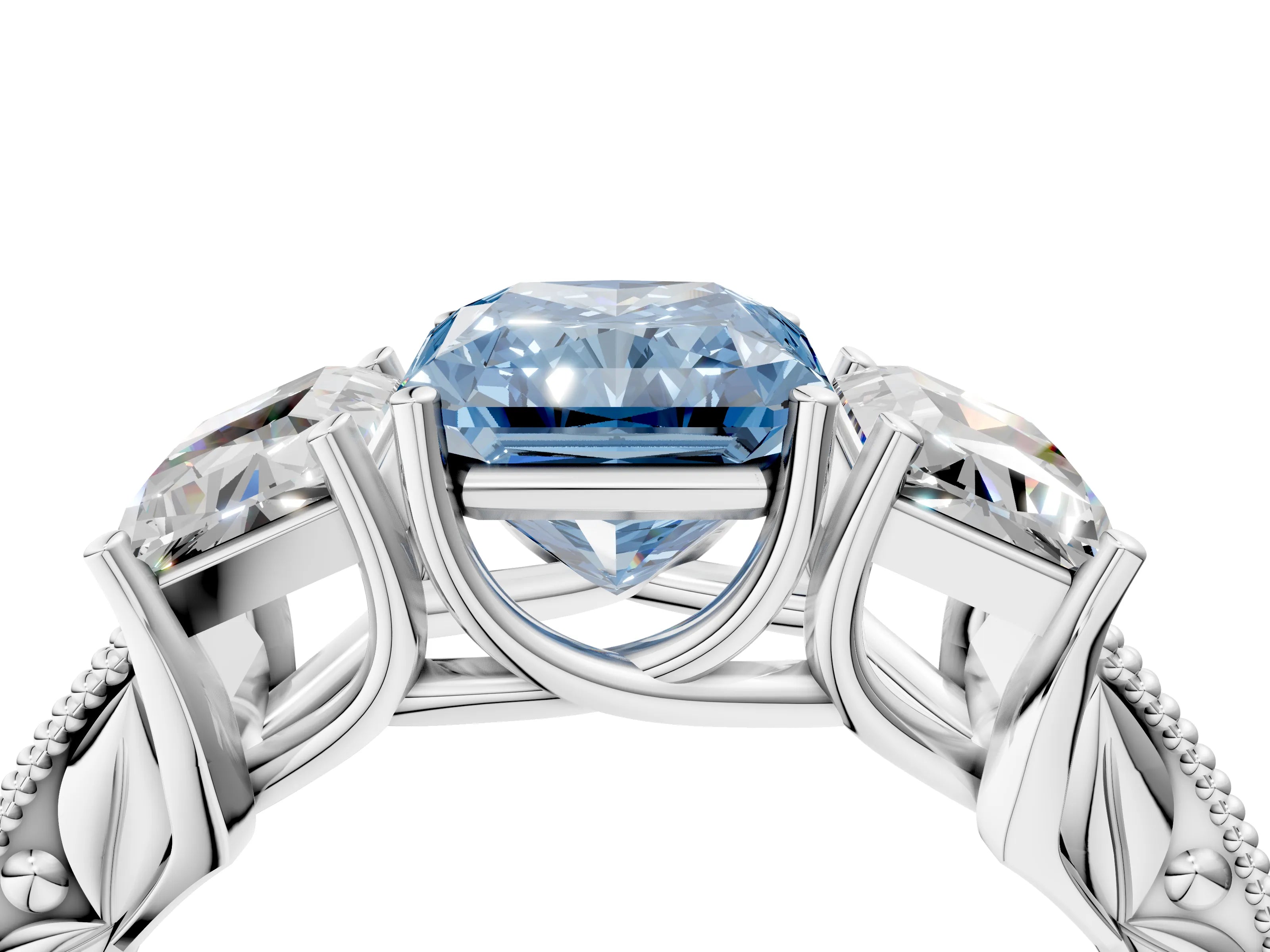 White gold Three-Stone Fancy Blue Radiant Cut Cut Milgrain Pavé Engagement Ring_16