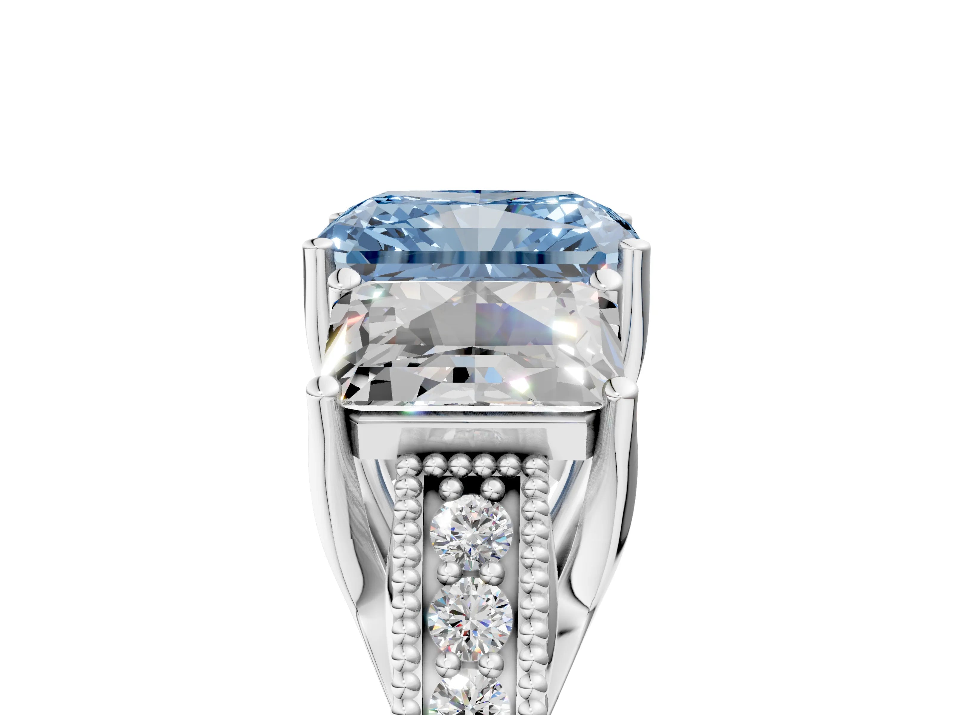 White gold Three-Stone Fancy Blue Radiant Cut Cut Milgrain Pavé Engagement Ring_17