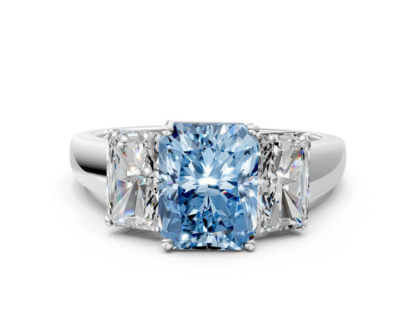 Platinum Three-Stone Fancy Blue Radiant Cut Cut Solitaire Ring with Classic Prong Setting