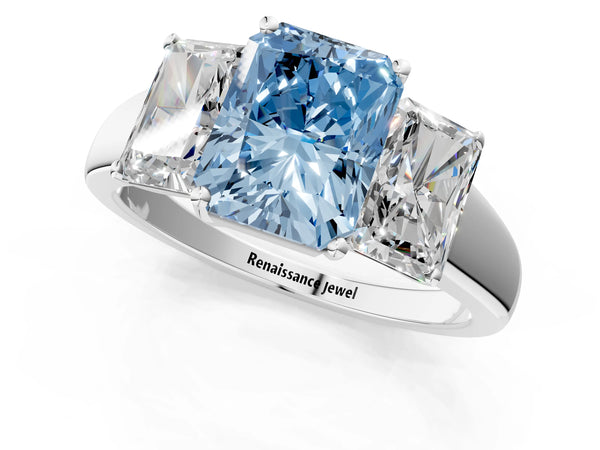 Platinum Three-Stone Fancy Blue Radiant Cut Cut Solitaire Ring with Classic Prong Setting