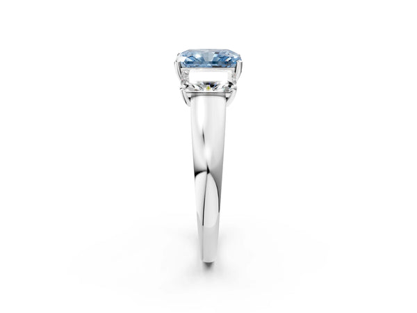 Platinum Three-Stone Fancy Blue Radiant Cut Cut Solitaire Ring with Classic Prong Setting