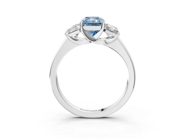 Platinum Three-Stone Fancy Blue Radiant Cut Cut Solitaire Ring with Classic Prong Setting