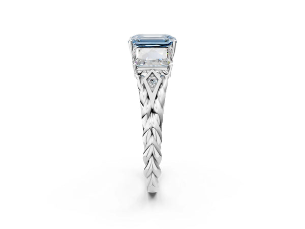 Platinum Three-Stone Fancy Blue Radiant Cut Diamond Braided Band Ring with Four-Prong Setting