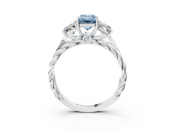 Platinum Three-Stone Fancy Blue Radiant Cut Diamond Braided Band Ring with Four-Prong Setting