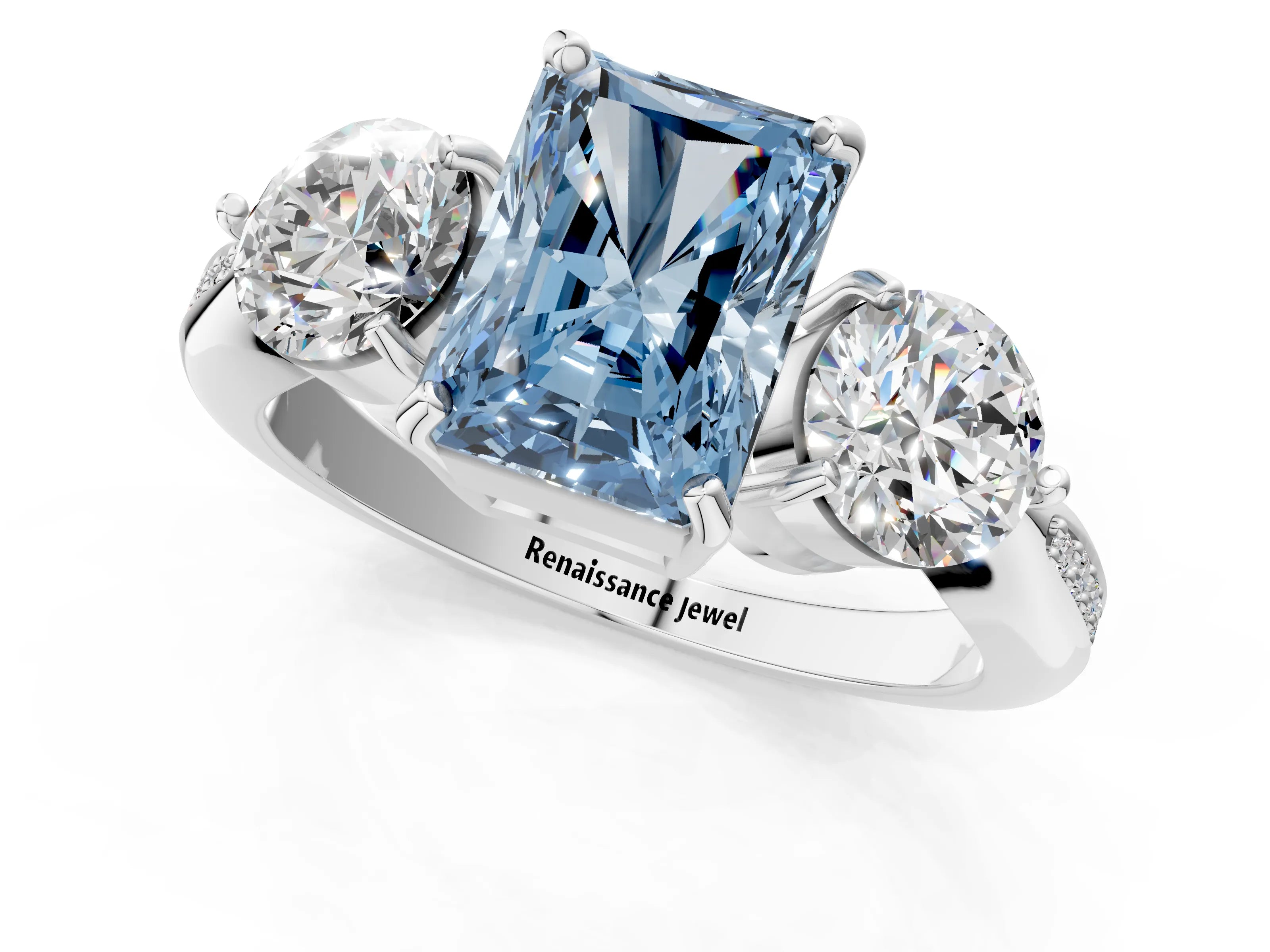 White gold Three-Stone Fancy Blue Radiant Cut Diamond Channel Set Engagement Ring with Prong Setting_13