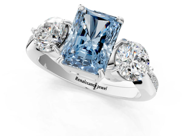Platinum Three-Stone Fancy Blue Radiant Cut Diamond Channel Set Engagement Ring with Prong Setting