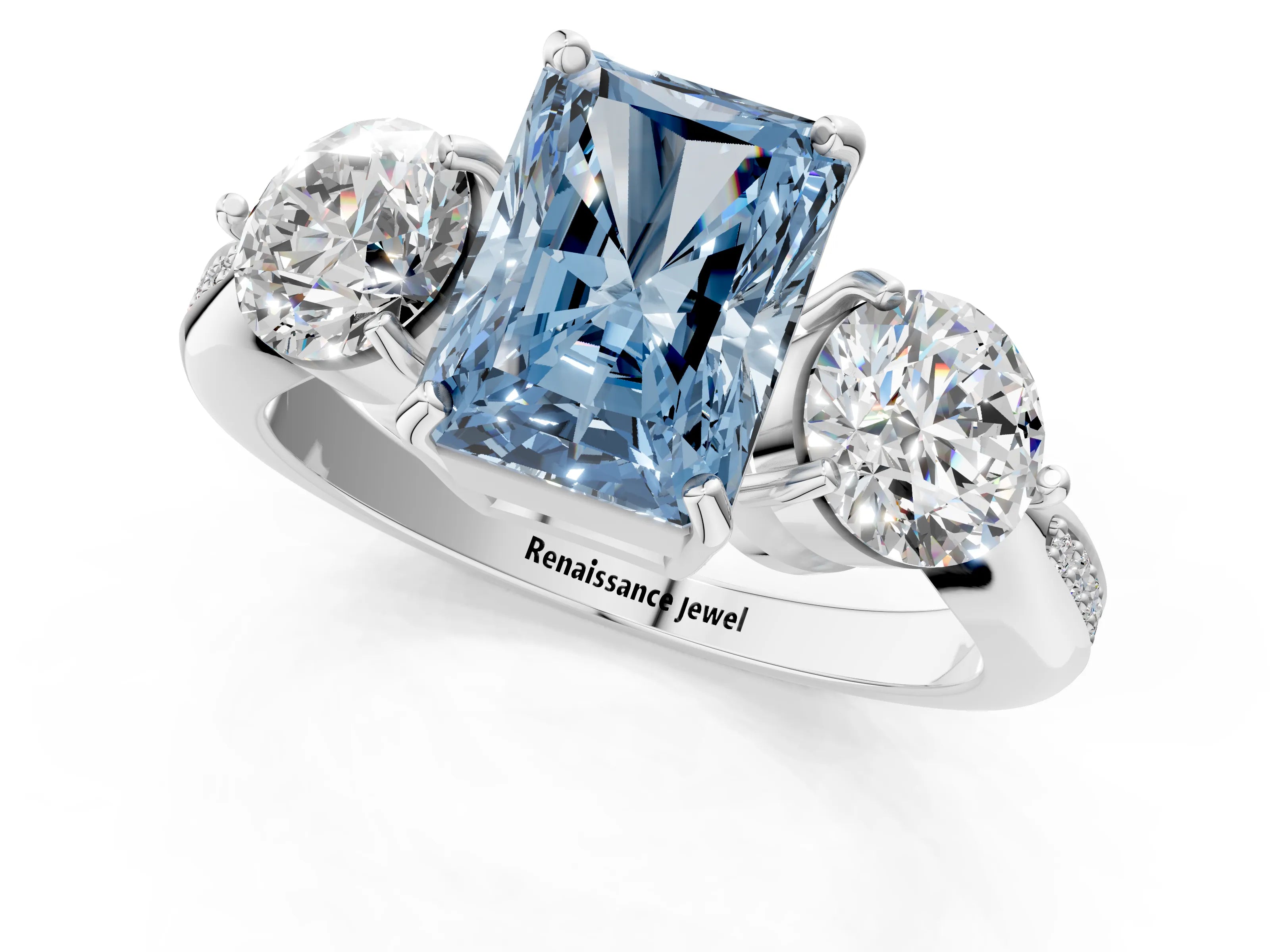 White gold Three-Stone Fancy Blue Radiant Cut Diamond Channel Set Engagement Ring with Prong Setting_13