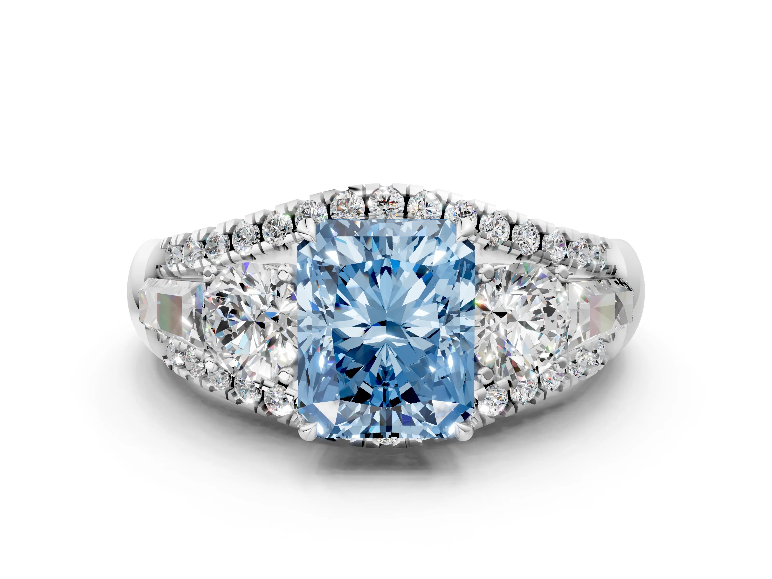 White gold Three-Stone Fancy Blue Radiant Cut Diamond Engagement Ring with Pave Band and Prong Setting_12